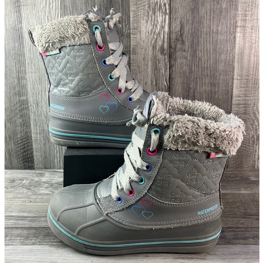 Skechers Girls Grey Waterproof Winter Snow Boots 88623L Faux Fur Glitter Size 13